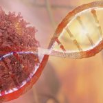 Rendering of DNA strand and cancer cell oncology research to identify hereditary cancer